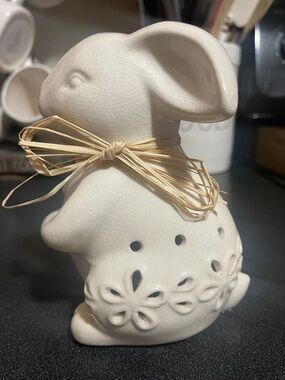 Farmhouse Chic Ceramic Bunny Figurine with Raffia Bow - Cream